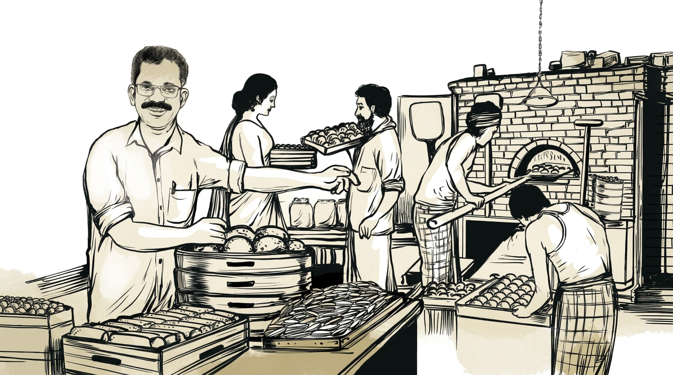 Babuettan and the Sreelakshmi Bakery team preparing fresh baked goods